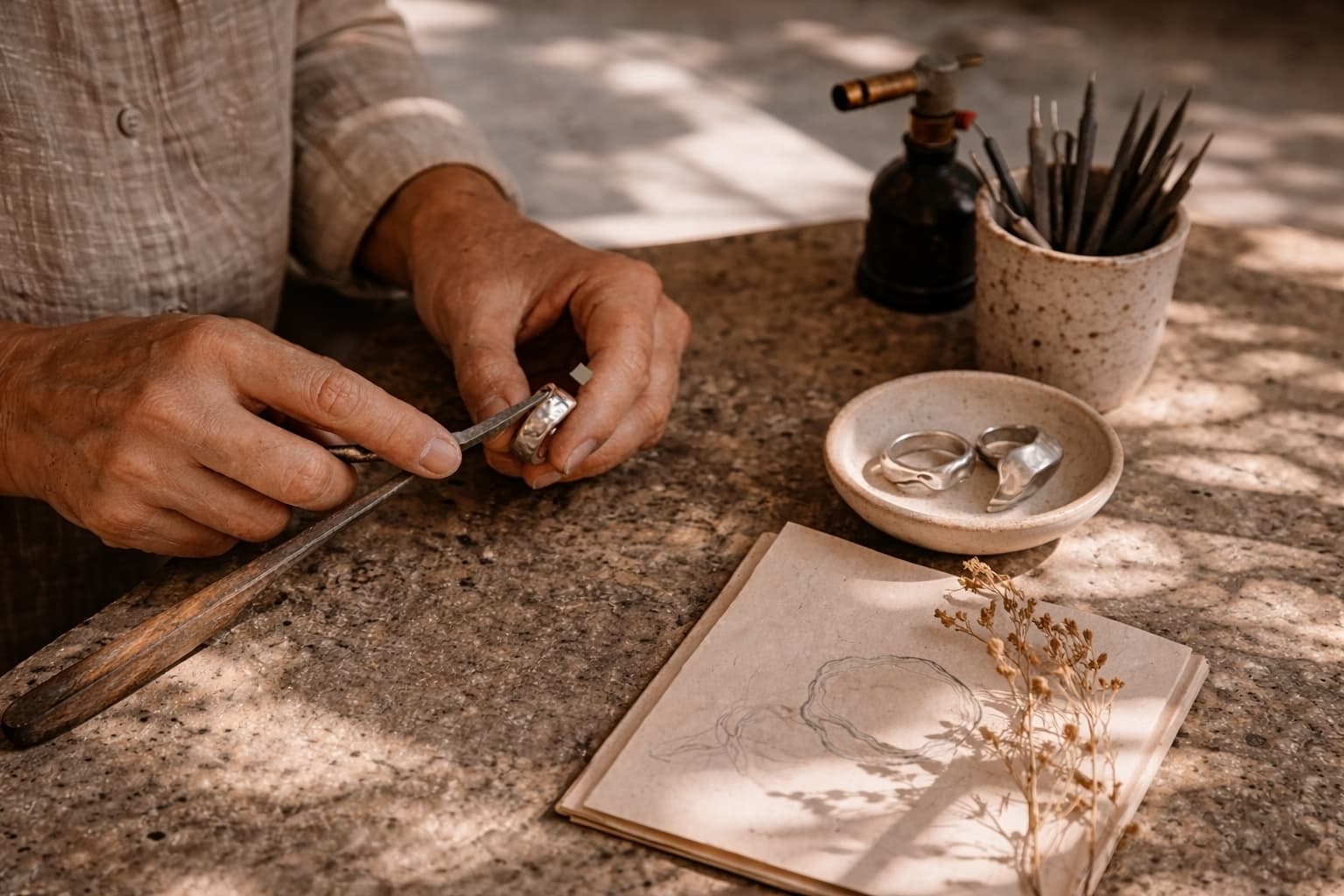 Orfebre trabajando joyería artesanal en el taller